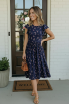 Navy floral midi dress, flutter sleeve dress, smocked waist midi, pink floral navy dress, garden party attire, casual date night dress, feminine midi dresses, Fabknits floral dress.