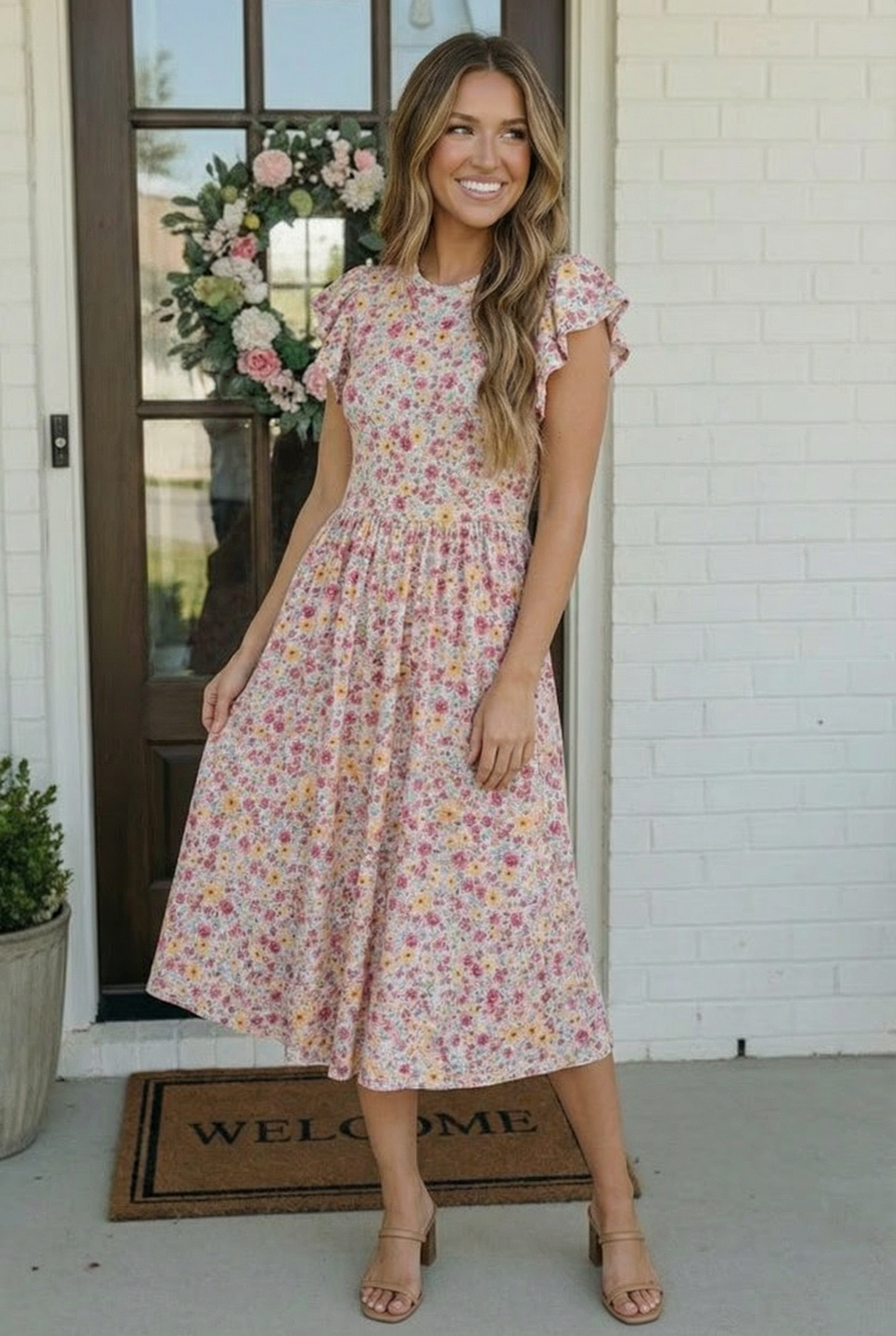 Floral midi dress, ditsy print dress, flutter sleeve dress, spring fashion, garden party outfit, summer midi dress, feminine floral dress, lightweight spring dress.
