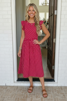red polka dot dress, tiered midi dress, flutter sleeve dress, summer brunch outfit, vintage style dress, red and cream dress, women's modest dress, tea party dress