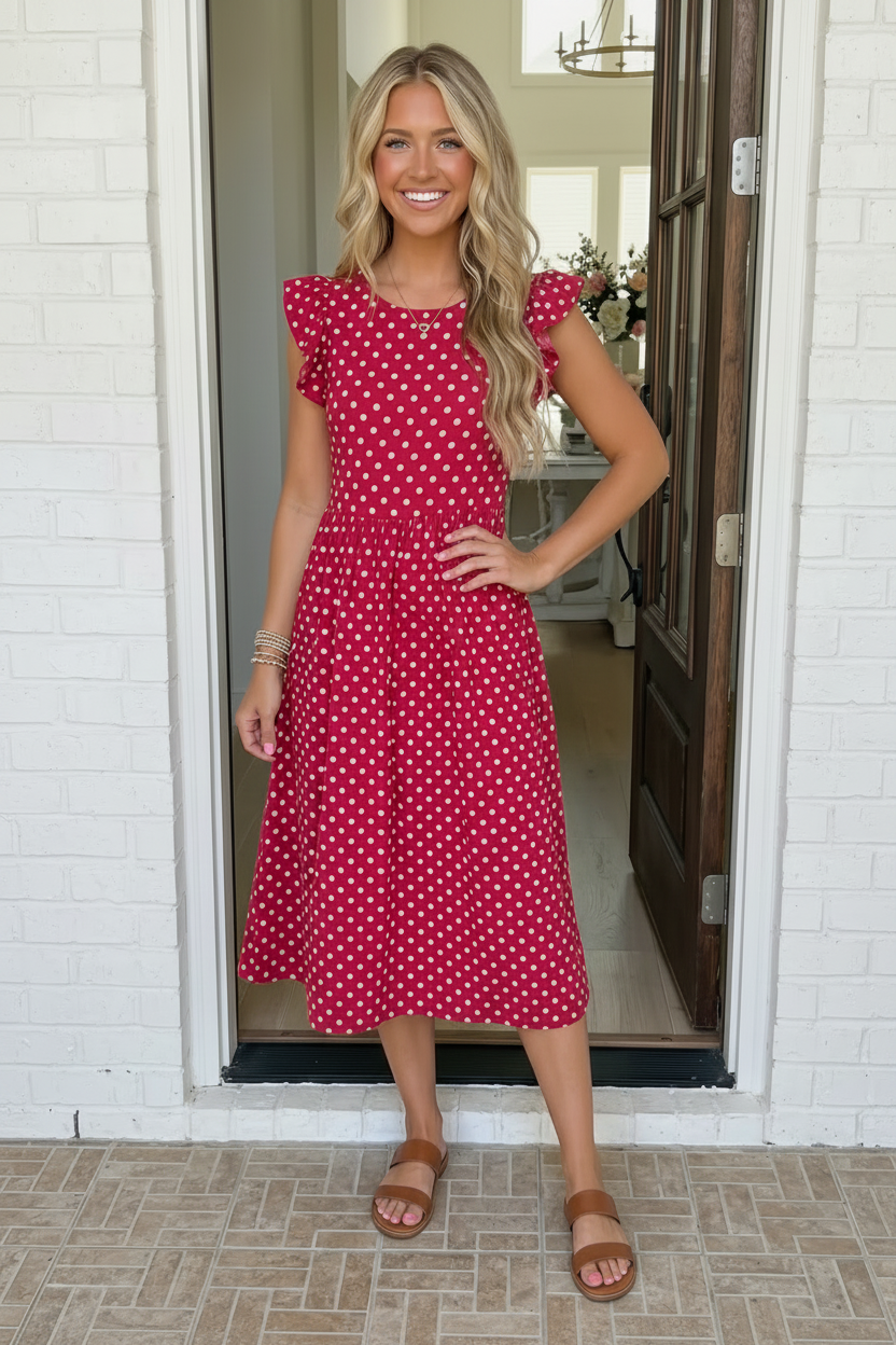 red polka dot dress, tiered midi dress, flutter sleeve dress, summer brunch outfit, vintage style dress, red and cream dress, women's modest dress, tea party dress
