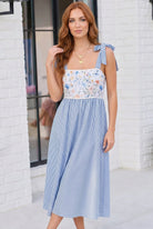 floral midi dress, striped sundress, embroidered summer dress, blue and white dress, tie shoulder dress, cottagecore dress, garden party outfit, boutique sundress