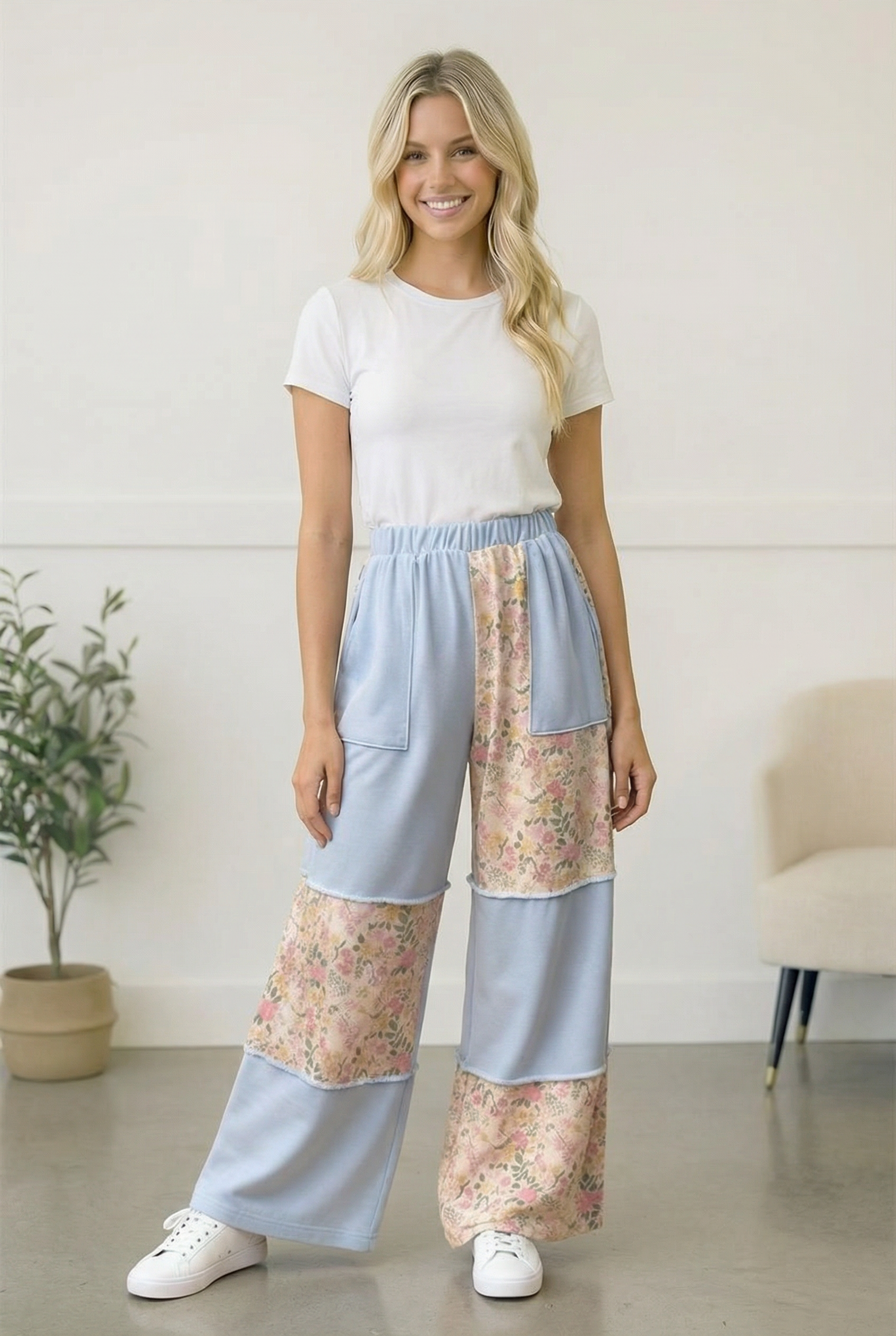 Meadow Muse pants, floral patchwork trousers, wide leg boho pants, light blue floral pants, vintage inspired women's clothing, comfortable wide leg pants, artsy spring fashion, elastic waist floral trousers, women's patchwork fashion, flowy boho pants with pockets.