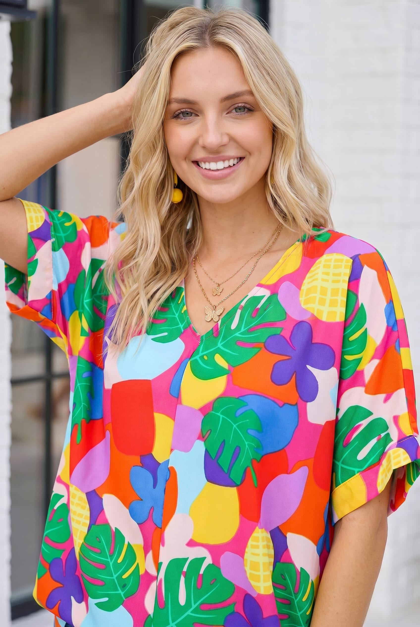 Tropical Pop Art Top, Monstera Print Blouse, Colorful V-Neck Top, Satin Tropical Shirt, Vacation Outfits for Women, Vibrant Summer Blouse, Women's Relaxed Fit Top, Floral Pop Art Fashion.