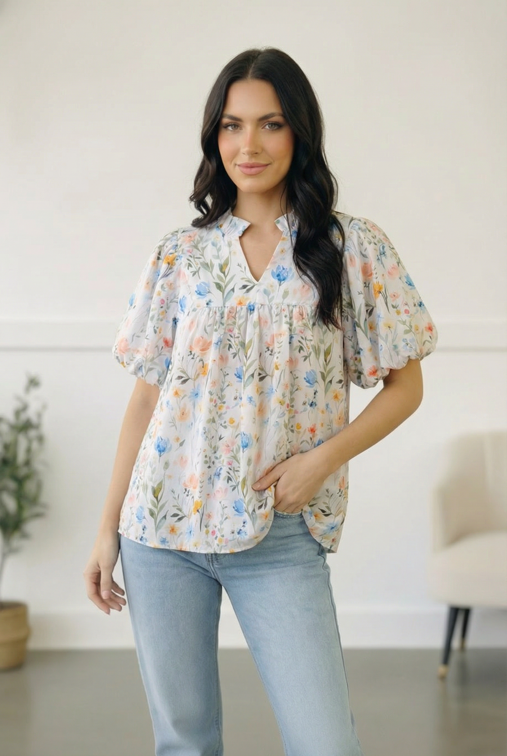 Floral puff sleeve top, pastel wildflower blouse, women's spring fashion, boho floral top, split neck blouse, summer vacation outfit, romantic floral shirt, lightweight feminine top.