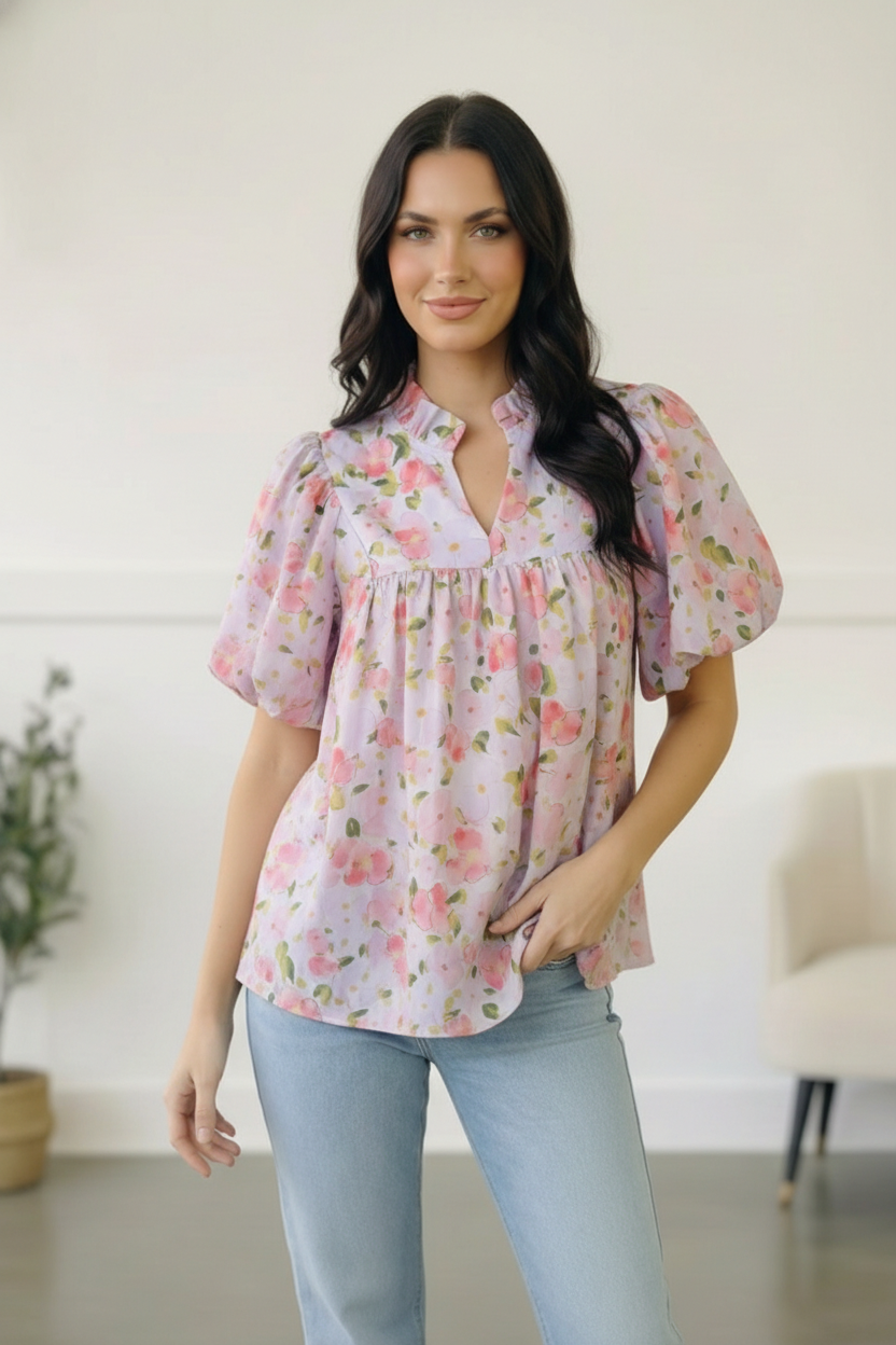 floral puff sleeve top, pastel wildflower blouse, lightweight summer top, women's spring fashion, boho floral blouse, split neck top, pink floral blouse, breathable summer shirt