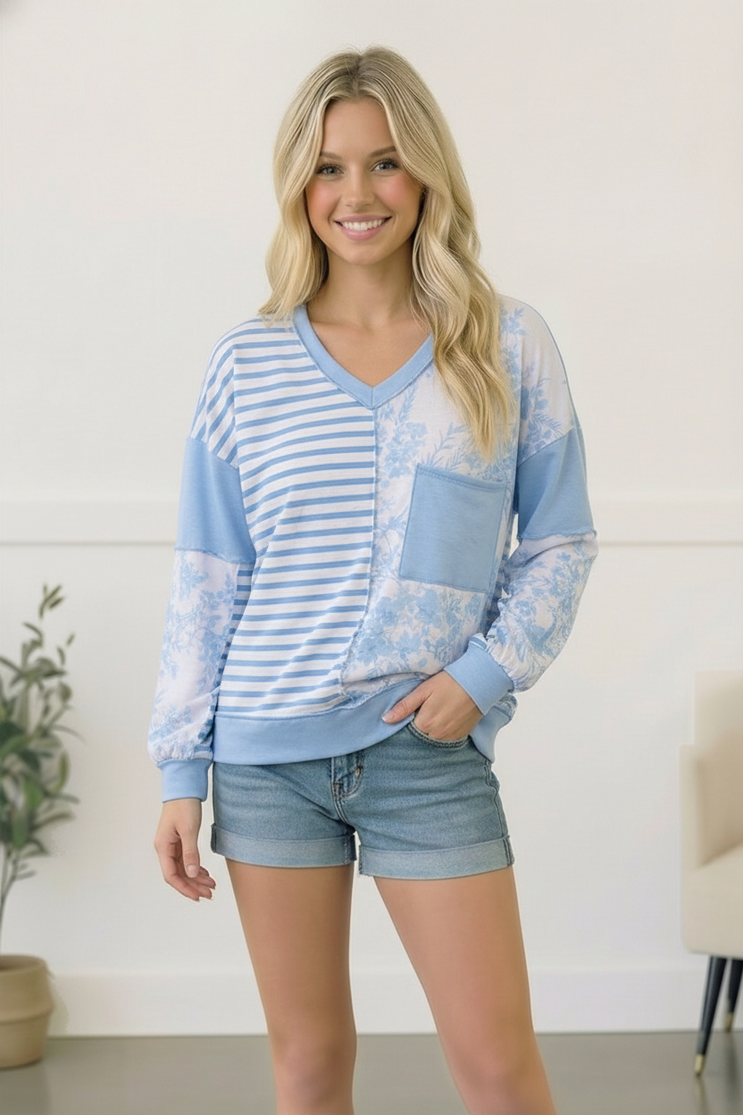 Women's floral top, blue patchwork shirt, colorblock v-neck, striped knit top, coastal style clothing, summer loungewear, casual boho top, light blue aesthetic.