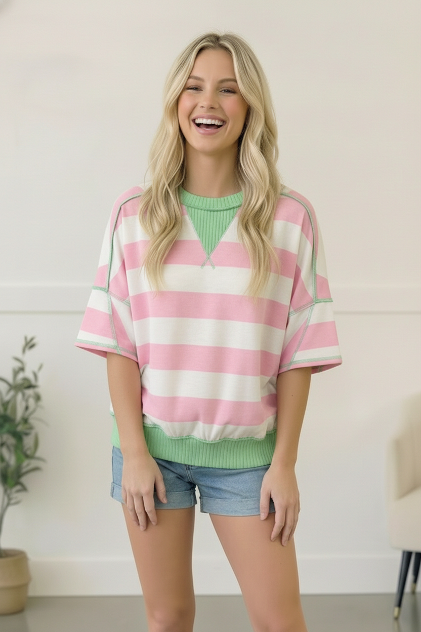 Pink and green colorblock tee, striped waffle knit top, women's boutique t-shirt, relaxed fit striped shirt, mixed fabric casual top, preppy summer fashion, pink sugar rush tee, comfortable colorblock top.
