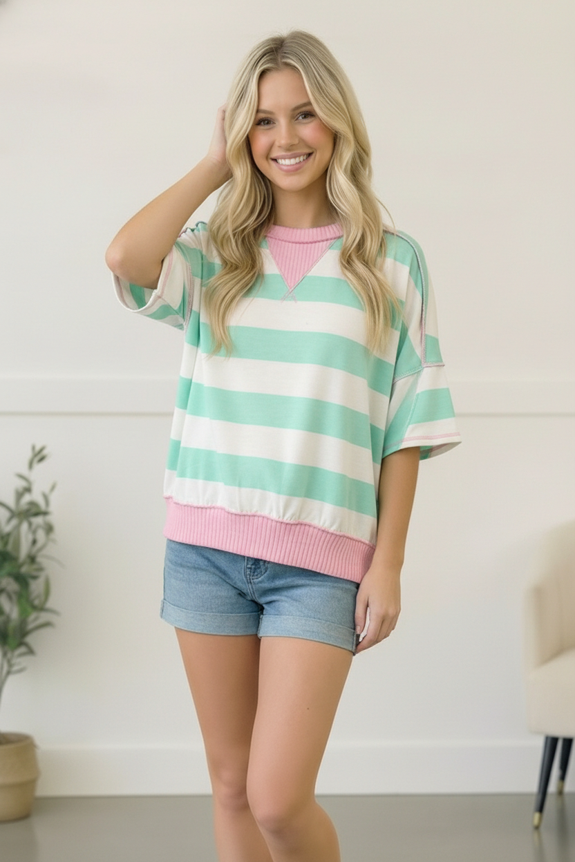 Colorblock Tee, Striped Waffle Top, Mint Green Striped Shirt, Blush Pink Waffle Knit, Women's Boutique Tops, Relaxed Fit Summer Tee, Mixed Media Fashion, Pastel Colorblock Top, FabKnits Style.