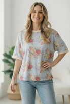 Oversized floral tee, vintage bloom boyfriend shirt, light blue floral top, women's French terry knit, slouchy casual tee, feminine loungewear, romantic floral print, cottagecore aesthetic, relaxed fit short sleeve.