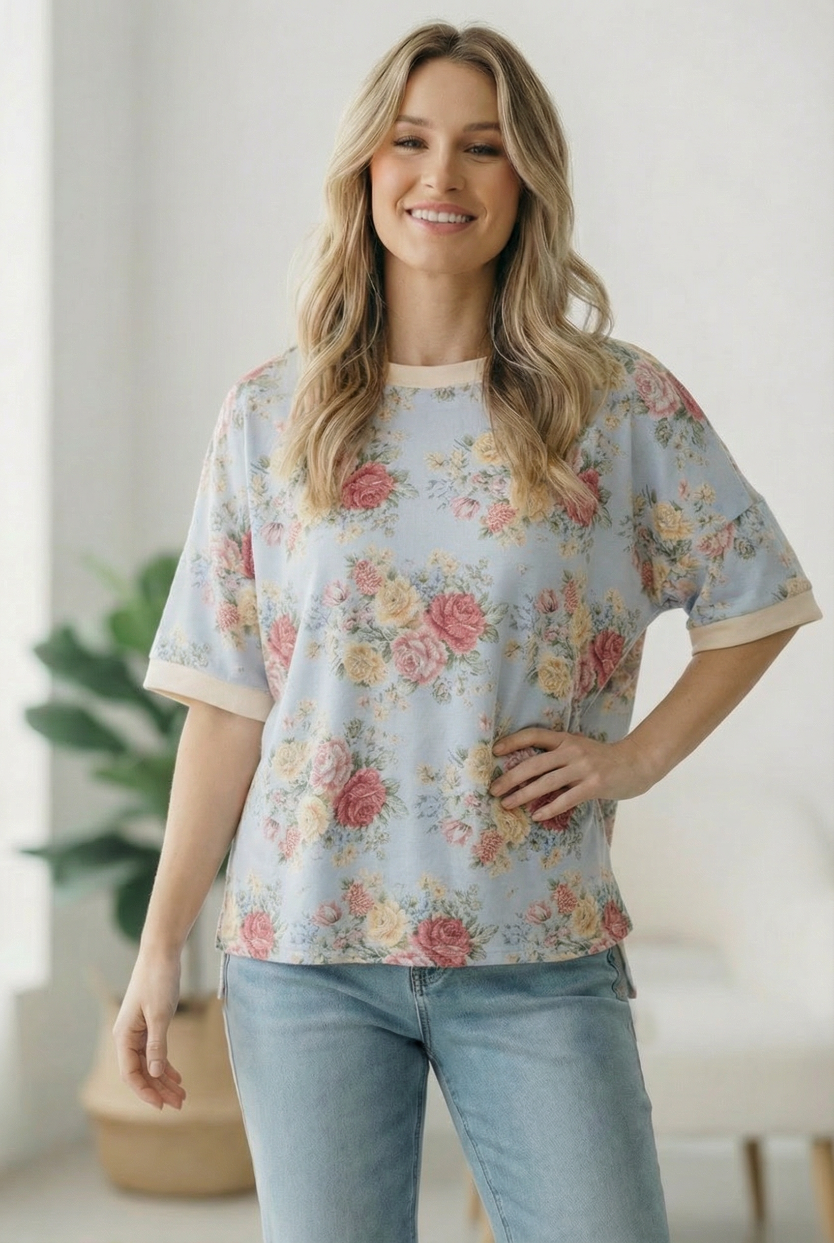 Oversized floral tee, vintage bloom boyfriend shirt, light blue floral top, women's French terry knit, slouchy casual tee, feminine loungewear, romantic floral print, cottagecore aesthetic, relaxed fit short sleeve.