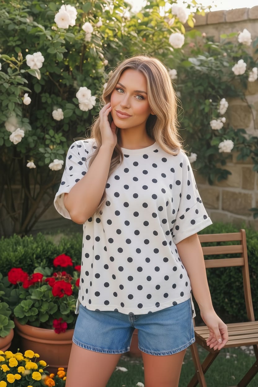 polka dot tee, boxy white t-shirt, casual women's top, polka dot print shirt, relaxed fit tee, chic everyday style, lightweight summer top