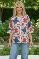 Patriotic women's top, quilt print shirt, Americana clothing, 4th of July outfit, star print blouse, relaxed fit summer top, patchwork fashion, red white and blue shirt.