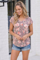 Floral V-neck Tee, Dark Mauve Top, Women's Floral Shirt, Summer Short Sleeve Tee, Feminine Floral Blouse, Comfortable Casual Top, Pink Floral Mauve Shirt