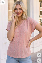 Coral floral top, V-neck blouse, floral stripe texture, women's summer top, relaxed fit blouse, 100% rayon top, pink floral shirt, feminine casual wear, breezy cap sleeve blouse.