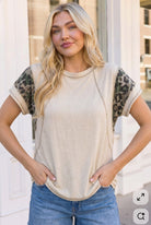 camo leopard tee, raglan top oatmeal, women's colorblock shirt, animal print short sleeve, casual knit tee, boutique tops for women, wild side tee, oatmeal leopard top