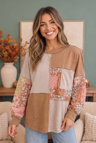women's patchwork pullover, floral colorblock top, boho oversized sweater, cozy jersey long sleeve, neutral floral top, neapolitan pullover, cottagecore fashion, relaxed fit women's top