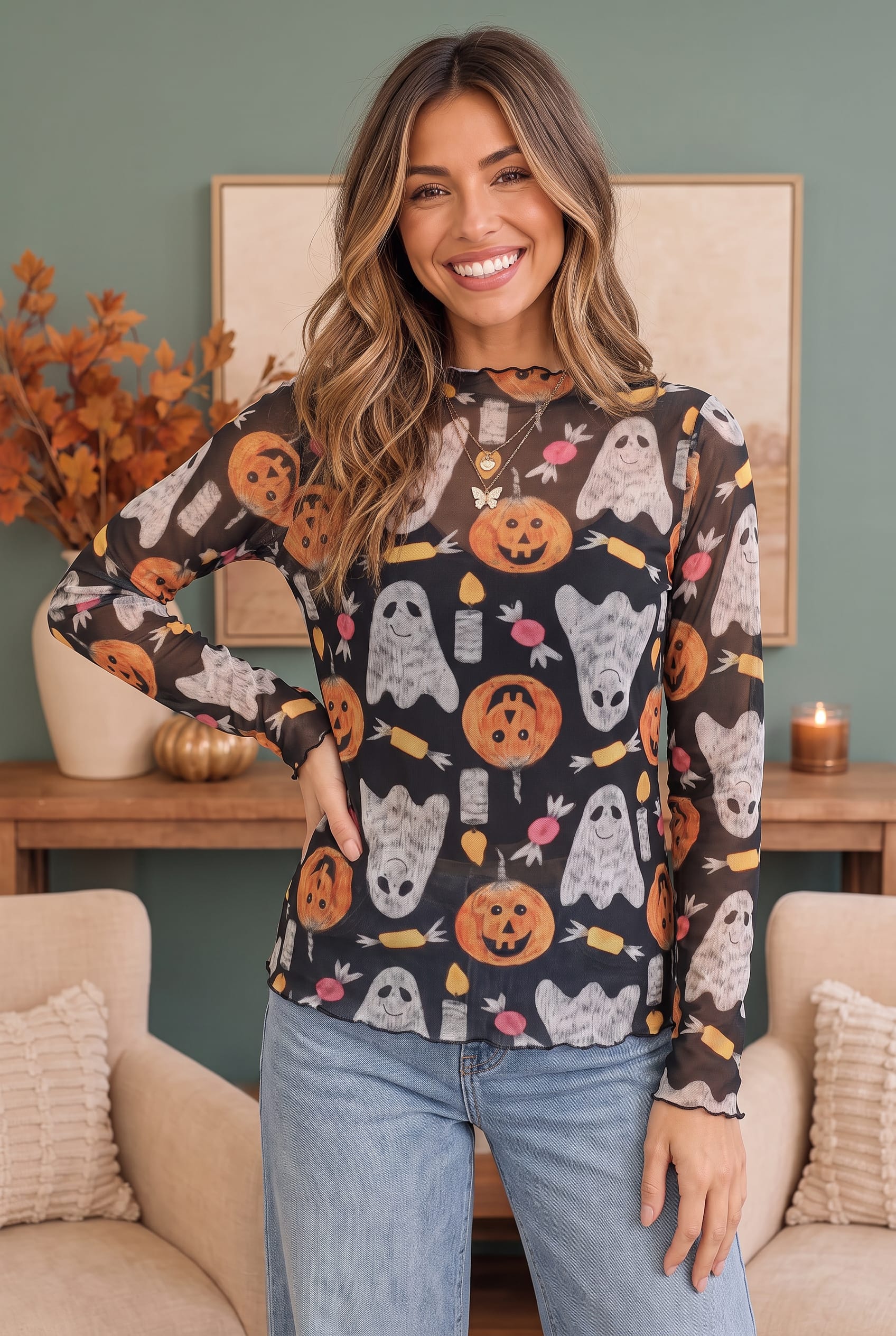 Halloween mesh top, ghost print shirt, sheer Halloween top, watercolor Halloween print, mock neck mesh top, lettuce hem top, festive women's clothing, spooky season apparel.