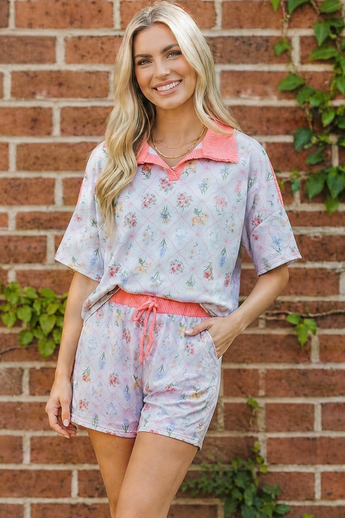 Floral lounge set, 2-piece short set, women's garden print outfit, coral polo set, casual summer lounge wear, matching shorts set, floral lattice pajamas, boutique two-piece set.