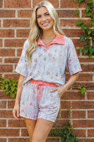 Floral lounge set, 2-piece short set, women's garden print outfit, coral polo set, casual summer lounge wear, matching shorts set, floral lattice pajamas, boutique two-piece set.