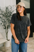 Mineral wash tee, ash black t-shirt, boxy fit cotton tee, vintage wash shirt, women's streetwear, oversized black tee, jersey knit cotton top, effortless style basics.