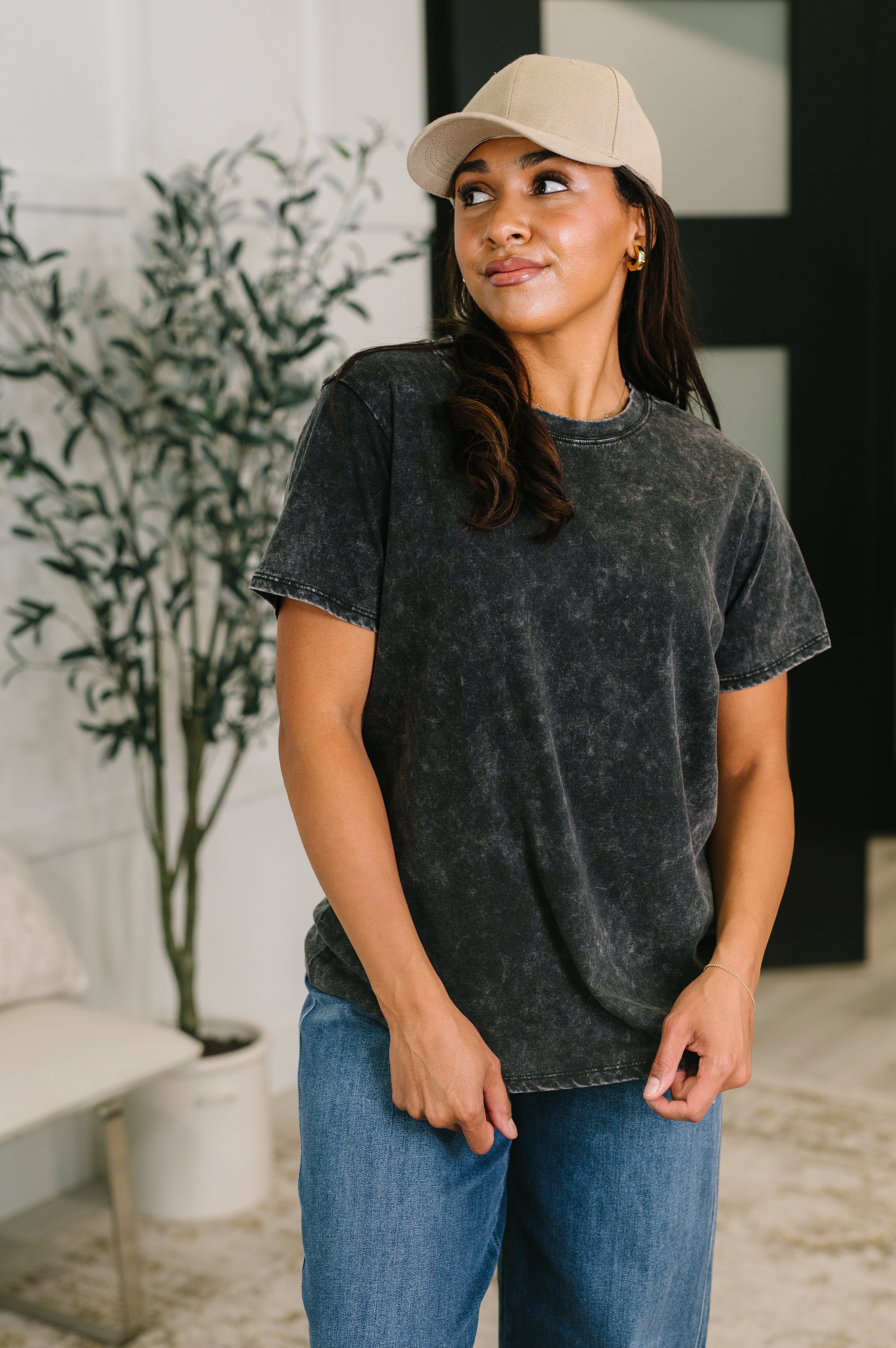 Mineral wash tee, ash black t-shirt, boxy fit cotton tee, vintage wash shirt, women's streetwear, oversized black tee, jersey knit cotton top, effortless style basics.