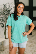 Turquoise mineral wash tee, boxy cotton t-shirt, women's vintage wash shirt, 100% cotton jersey top, effortless turquoise tee, relaxed fit mineral wash, boutique summer tops.