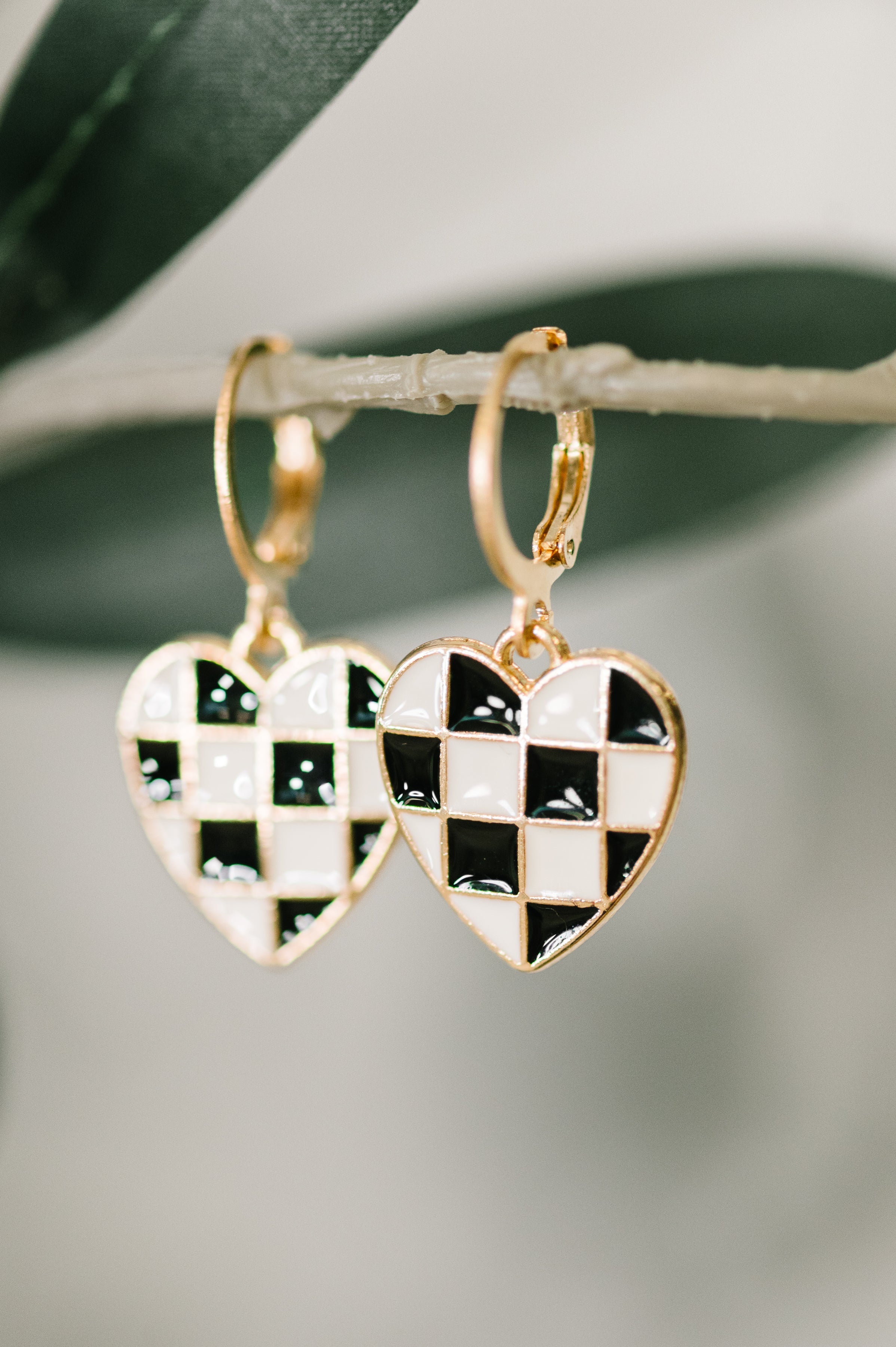 Checkered earrings, heart dangle earrings, gold huggies, enamel jewelry, retro aesthetic earrings, Y2K jewelry, lightweight earrings, checkered heart jewelry, trendy statement earrings.