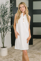 Off-white sleeveless dress, floral embossed knit, ruffle high neck dress, shift dress with pockets, women's stretch elegant dress, modern split neckline, High Tide dress, versatile summer dress.