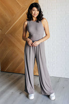 Grey jumpsuit, wide leg jumpsuit, ribbed jumpsuit, jumpsuit with pockets, sleeveless jumpsuit, women's loungewear, versatile jumpsuit, viscose jumpsuit.