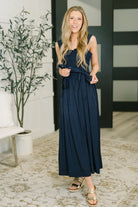 Navy midi dress, smocked bodice dress, poplin woven dress, square neck sleeveless dress, ruffled navy dress, summer midi dress, navy cocktail dress, women's navy sundress.