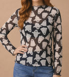 Ghost print top, sheer mesh long sleeve, Halloween mesh shirt, mock neck mesh top, lettuce edge hem top, spooky cute fashion, Y2K goth aesthetic, layering mesh top.