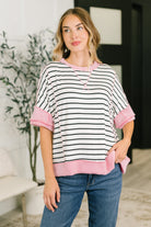 Women's Striped Top, Boxy Knit Tee, Dolman Sleeve Shirt, Contrast Ribbed Top, High Stretch Jersey, Casual Edgy Fashion, Human Nature Clothing, Pink Accent Top