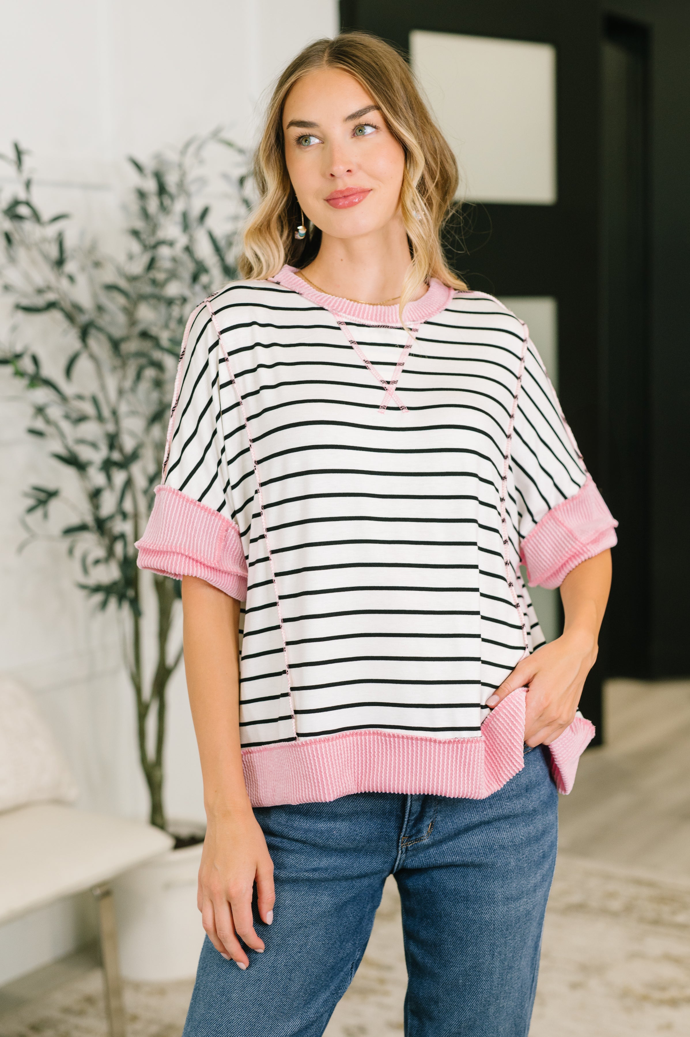Women's Striped Top, Boxy Knit Tee, Dolman Sleeve Shirt, Contrast Ribbed Top, High Stretch Jersey, Casual Edgy Fashion, Human Nature Clothing, Pink Accent Top