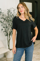 Black V-neck tee, women's cotton t-shirt, relaxed fit tee, heathered knit top, sheer black shirt, casual women's basics, everyday essentials, 100% cotton v-neck.