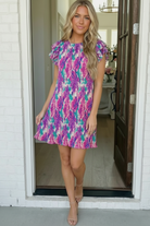 watercolor mini dress, purple pleated dress, ruffle sleeve mini, A-line summer dress, magenta abstract dress, brunch outfits for women, teal and purple dress