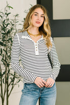 Long sleeve henley, ribbed knit top, striped henley shirt, form-fitting women's top, high stretch knit, button front top, chic casual wear, women's striped shirt.