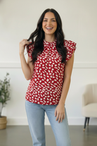 Red abstract top, flutter sleeve blouse, women's ruffle top, vibrant red shirt, scattered print blouse, lightweight dressy top, feminine red blouse, Ruby Breeze top.