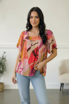 abstract print blouse, sunset colored top, boutique fashion, flowy summer top, square neck blouse, bohemian print top, polyester blouse, art walk top, women's artistic apparel.
