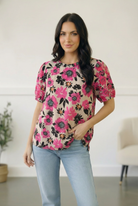 Pink floral blouse, embroidered sleeve top, women’s rayon blouse, boho floral shirt, pink flower print top, casual summer blouse, feminine boutique tops.