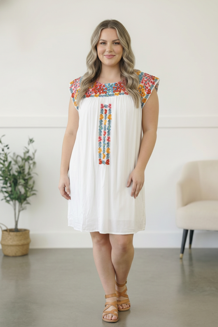 white embroidered dress, floral swing dress, boho summer fashion, vacation dresses for women, vibrant embroidery dress, white boho mini dress, boutique summer dress, lightweight white dress.
