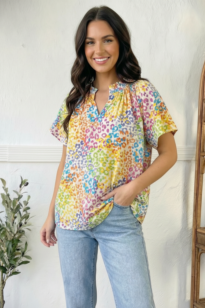 Multicolor blouse, leopard print top, women's colorful tops, breezy summer blouse, notched neck shirt, vibrant casual wear, stretchy printed top, lightweight flowy blouse, FabKnits fashion.