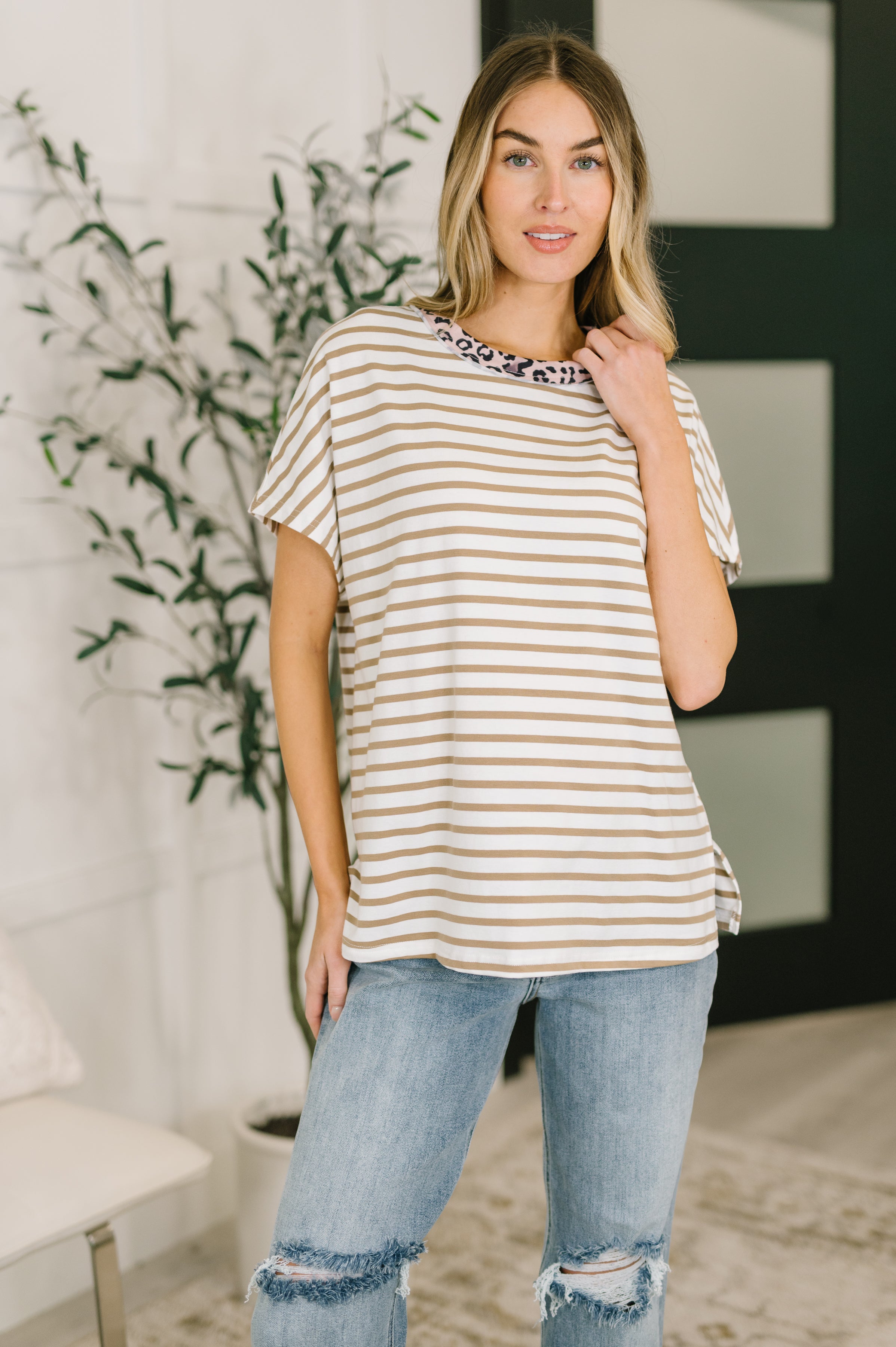 Khaki striped tee, leopard print trim, dolman sleeve top, loose fit women's shirt, cotton jersey tee, casual chic apparel, striped leopard shirt, breathable everyday basics.