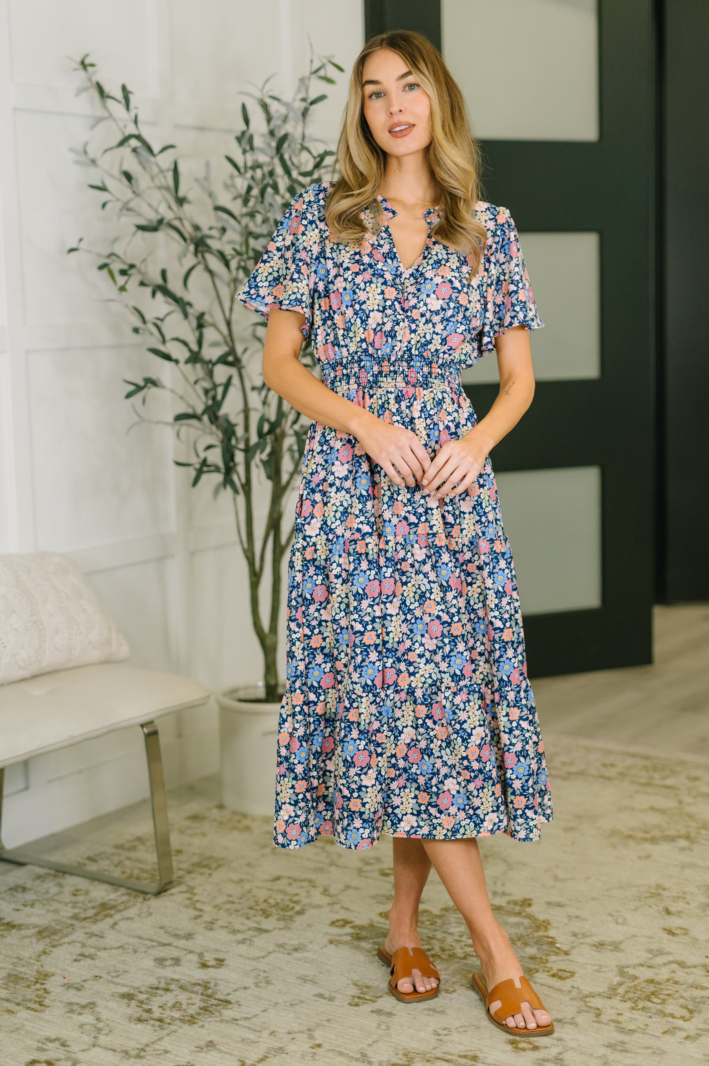Floral Midi Dress, Notch Neck Dress, Smocked Waist Dress, Tiered Floral Dress, Flutter Sleeve Dress, Women's Midi Dress with Pockets, Summer Wedding Guest Dress, Polished Woven Dress.