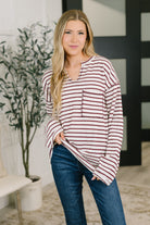 Striped knit top, relaxed long sleeve, split neck sweater, textured knit shirt, effortless casual wear, women's drop shoulder top, comfortable boutique clothing.