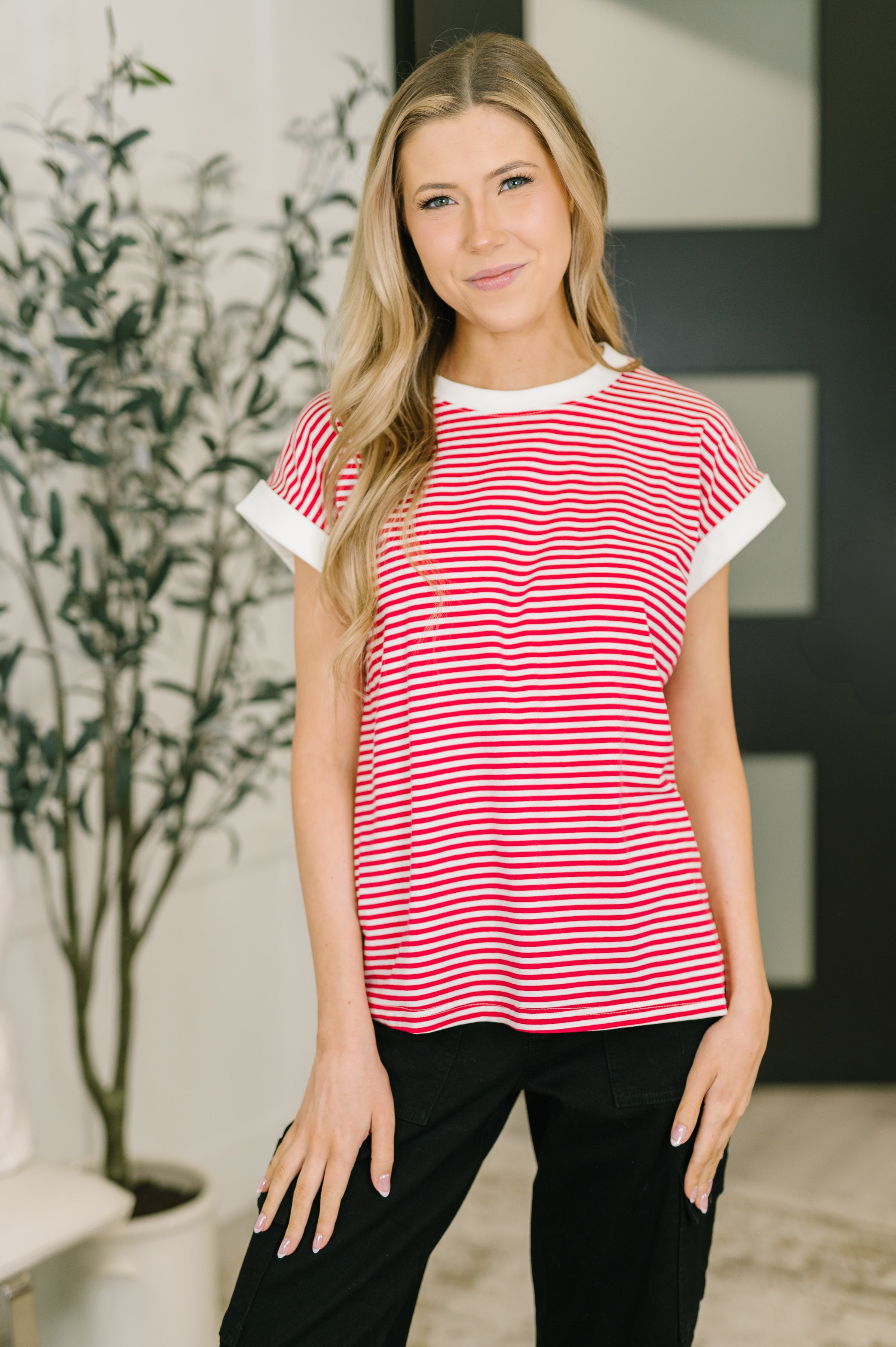 ruby striped top, red and white shirt, women's cotton tee, jersey knit blouse, loose fit short sleeve, casual weekend style, striped jersey top, breathable cotton shirt