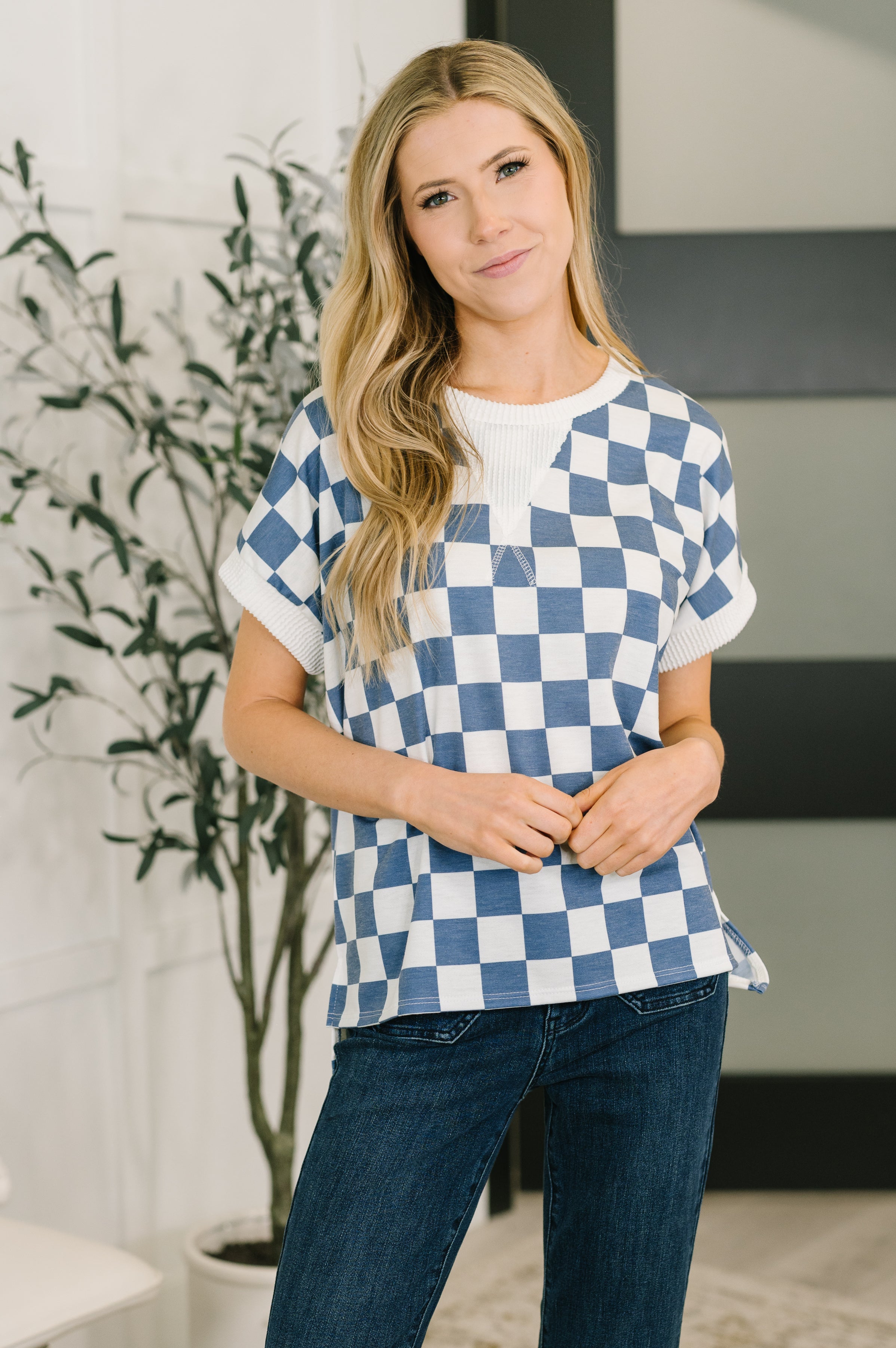 blue checkered top, women's french terry top, checkered crew neck, blue knit top, trendy checkered shirt, high stretch top, cable ribbed knit, boutique fashion, stepped hem top