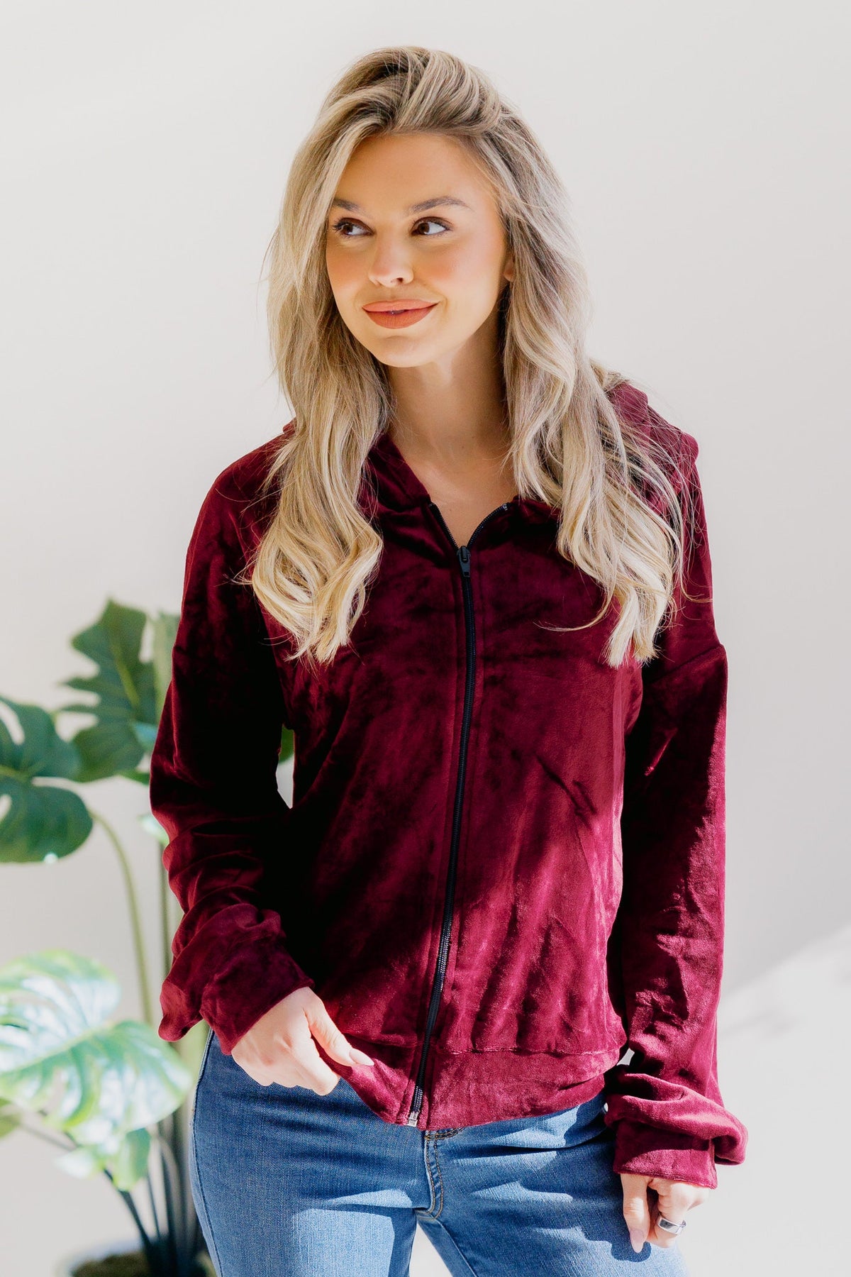 A wine-colored velvet zip-up jacket with a hood, long sleeves, and a banded hem.