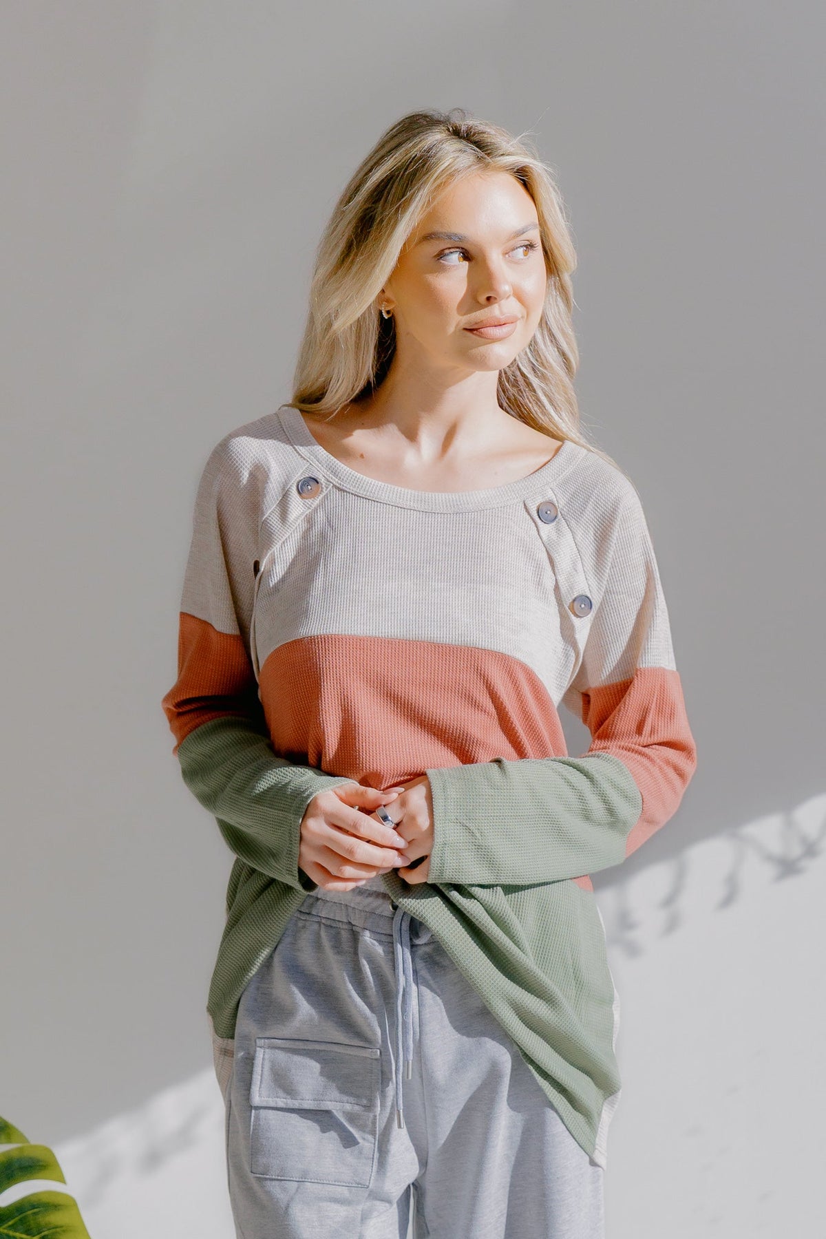 A model wearing a colorblock knit top in cream, mauve, and olive with a round neckline and button details.