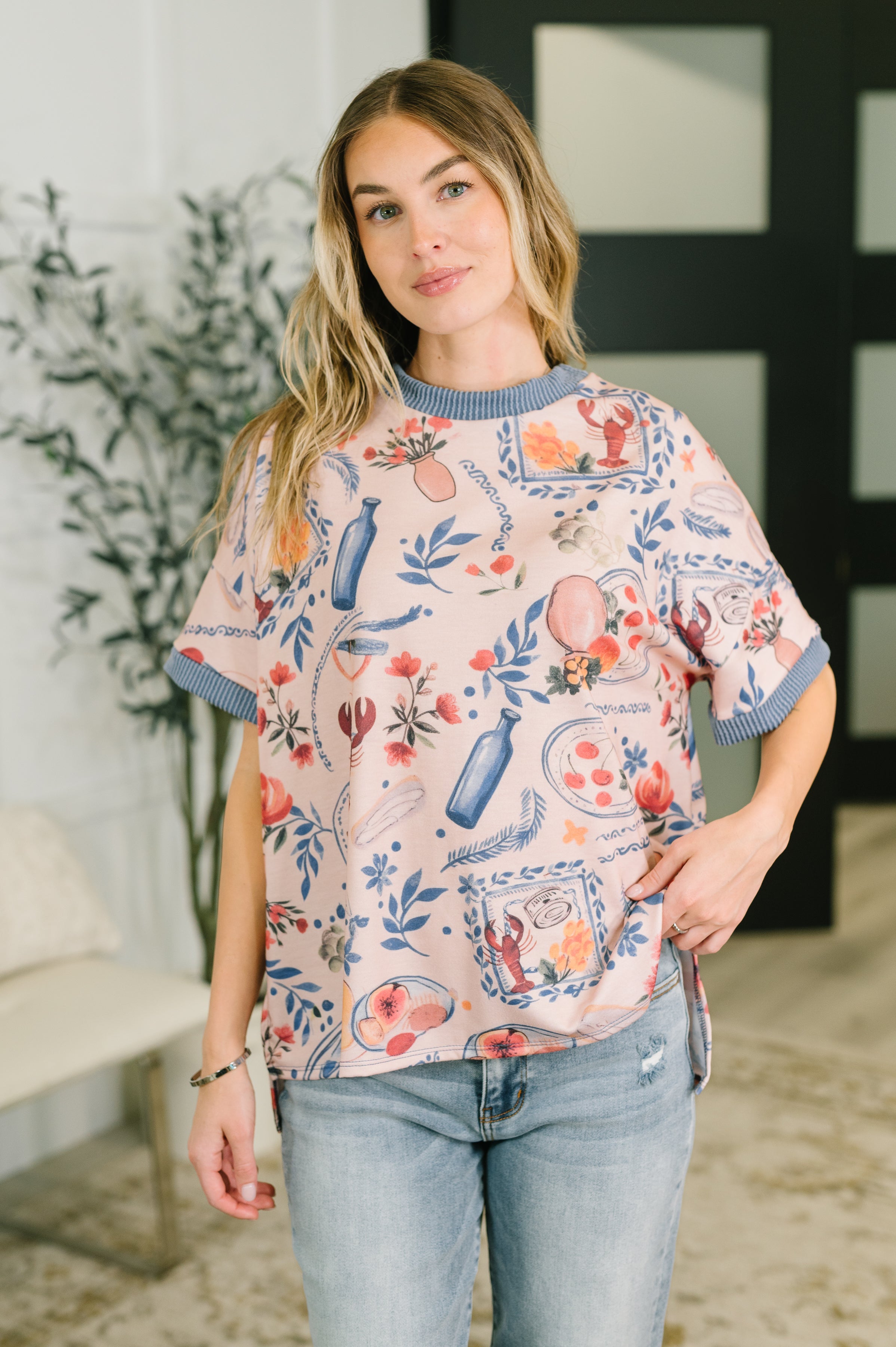 Jane of All Trades Tee, French terry graphic shirt, relaxed fit women's top, cable knit detail tee, drop shoulder graphic tee, comfortable boutique clothing, high stretch t-shirt.