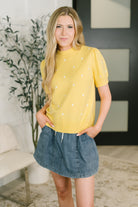 Yellow sweater knit, embroidered short sleeve top, high stretch knitwear, women's boutique tops, mock neck sweater, viscose blend knit, feminine gathered shoulder top.
